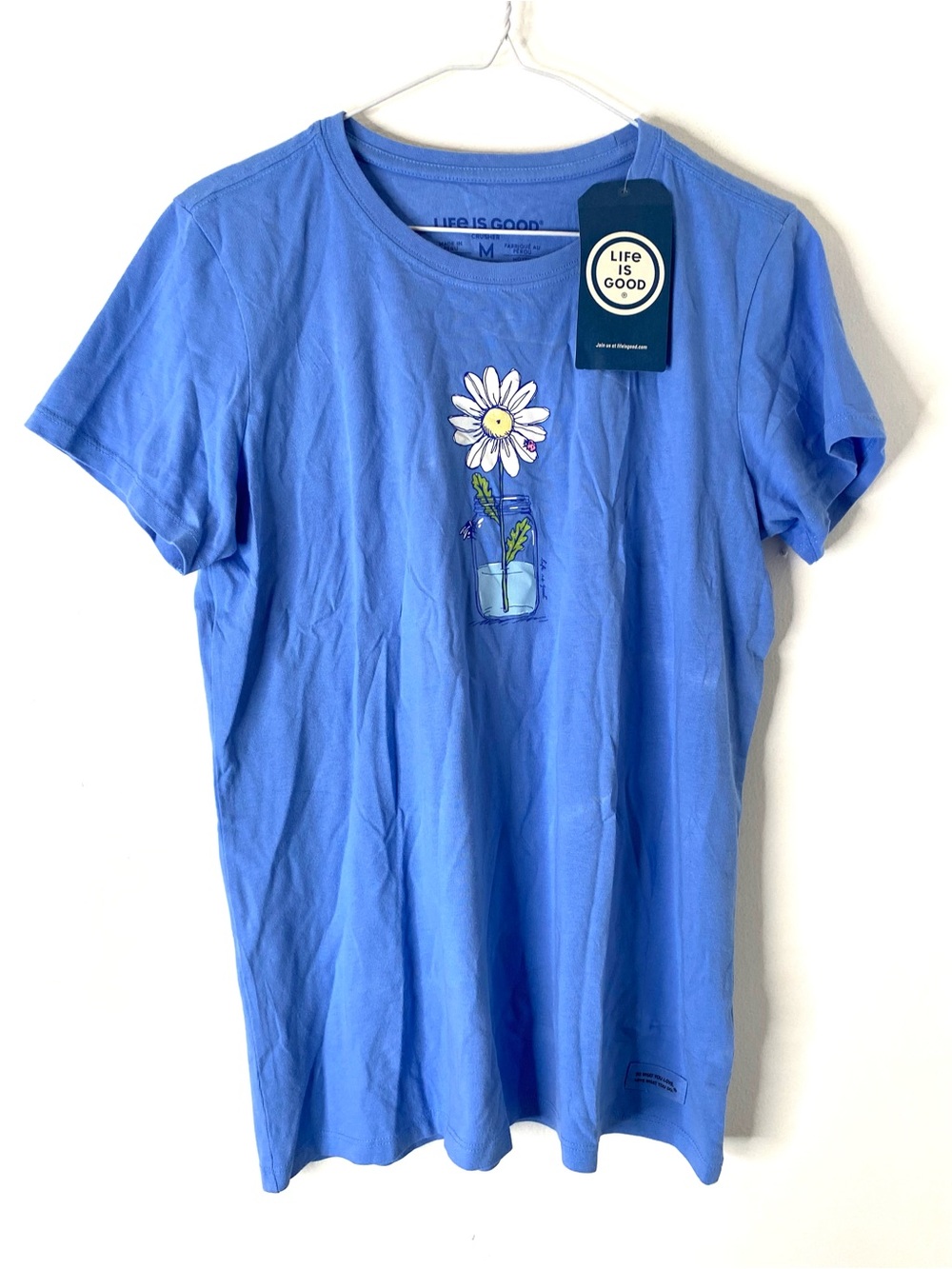 Life Is Good Crusher Tee Relaxed Daisy Jar Graphic Blue NWT